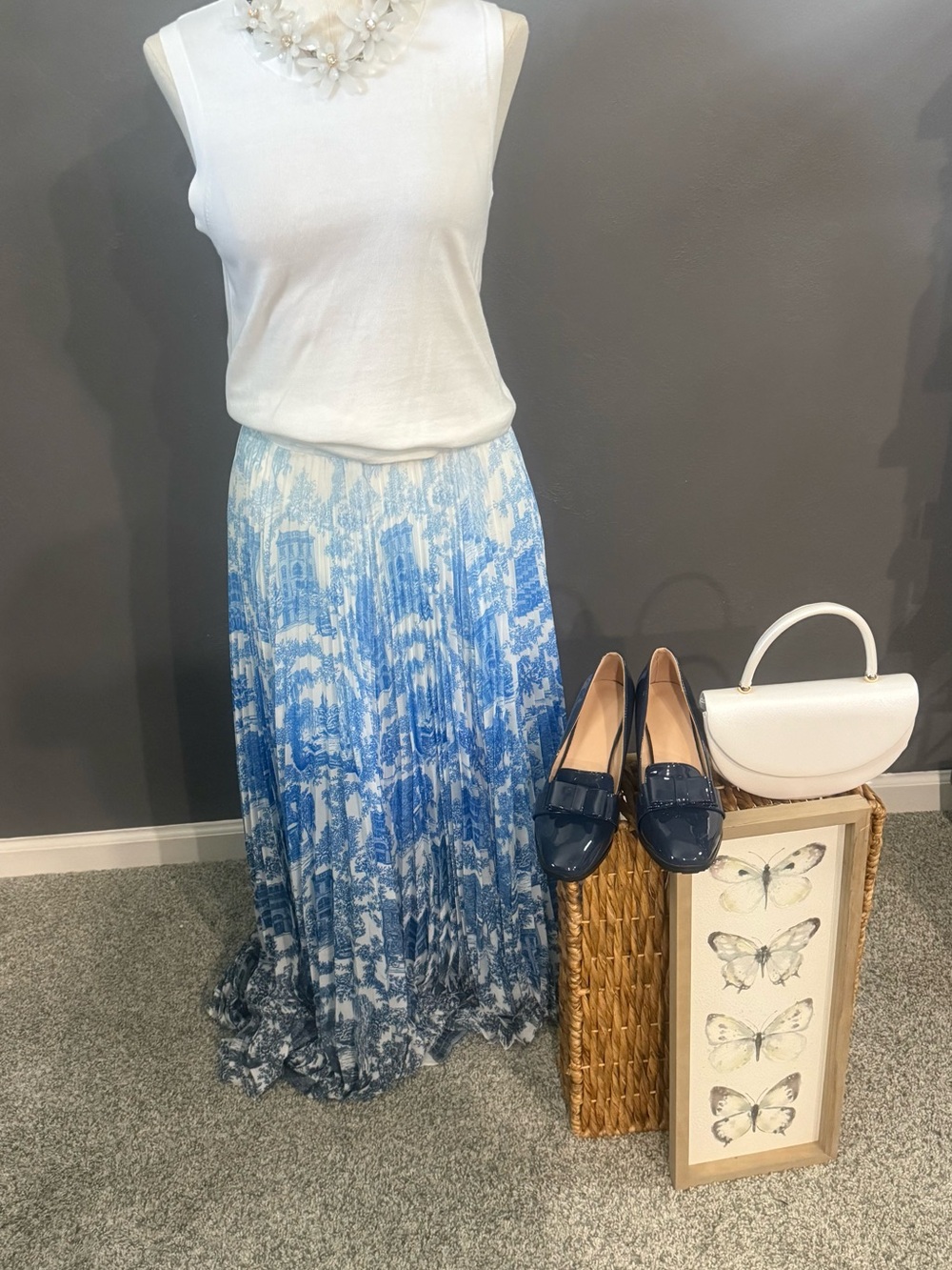 Catherine Malandrino Blue and White Ombre Pleated Maxi Skirt